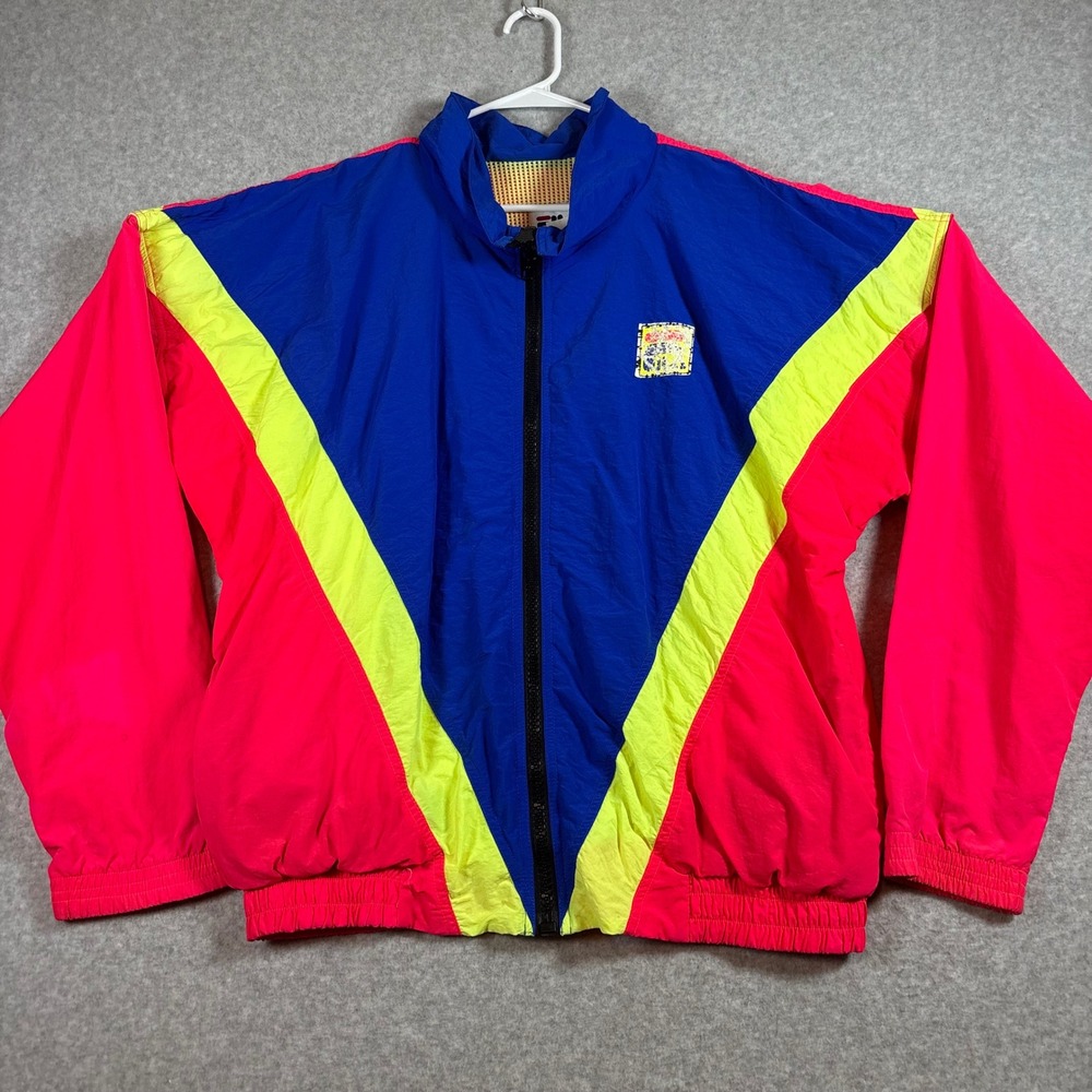 Vintage 90s Fila Windbreaker Jacket Mens Large Blue Pink Yellow Colorblock Zip